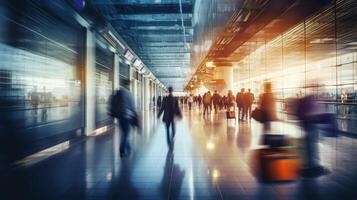 sfocato sfondo di i viaggiatori o turisti a piedi nel internazionale terminale a il aeroporto nel un' affrettandosi ora. generativo ai. foto