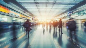 sfocato sfondo di i viaggiatori o turisti a piedi nel internazionale terminale a il aeroporto nel un' affrettandosi ora. generativo ai. foto