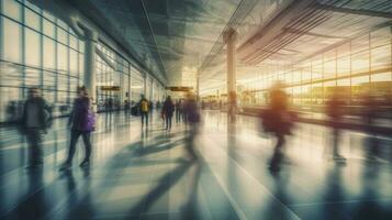 sfocato sfondo di i viaggiatori o turisti a piedi nel internazionale terminale a il aeroporto nel un' affrettandosi ora. generativo ai. foto