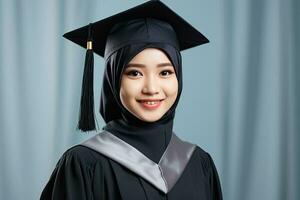 asiatico musulmano donna indossare la laurea toga e cap. ai generato foto
