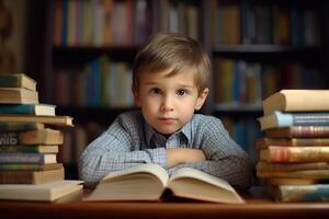 ragazzo lettura un' libro. ai generato foto