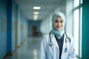 musulmano medico indossare hijab con copia spazio. ai generato foto