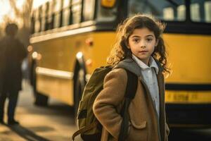 un' scolara con zaino in piedi nel davanti di scuola autobus. ai generato foto