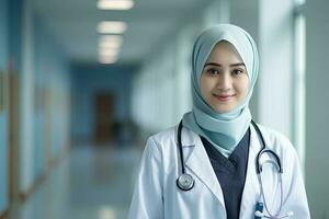 musulmano malese donna medico nel ospedale con copia spazio. ai generato foto