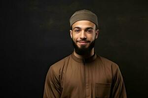 sorridente musulmano uomo indossare kufi. ai generato foto