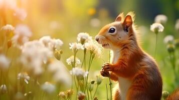 carino scoiattolo e bellissimo fiori nel il giardino. ai generato foto