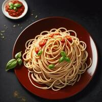 un' piatto di spaghetti con pomodoro salsa. ai generato Immagine. foto