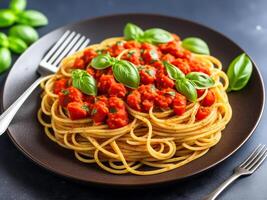 un' piatto di spaghetti con pomodoro salsa. ai generato Immagine. foto