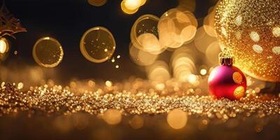 Natale decorazioni di bokeh e oro luccichio particelle nel il sfondo, generativo ai. foto