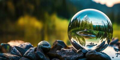 Perfetto bicchiere sfera con bellissimo natura sfondo, generativo ai. foto