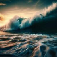 matita illustrazione misto onda Crashing spiaggia tramonto alto pastello medio colorato tsunami olio biancheria riflessi in profondità sbalorditivo disegno paesaggio marino, generativo ai foto