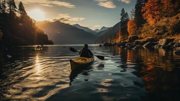 kayak su il fiume, giovane contento persone generativo ai foto