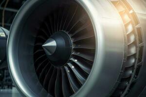 turbogetto motore, lato Visualizza. avvicinamento di turbina di moderno aereo, civile aviazione. generativo ai foto
