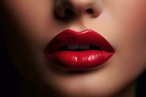 sensuale labbra di caucasico donna e rosso rossetto. bellezza, femmina cosmetici, trucco. avvicinamento, davanti Visualizza. generativo ai foto