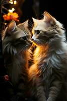 Due gatti vedere ogni altro contro un' buio sfondo. ai generativo foto