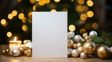 vuoto bianca saluto carta modello, bellissimo sfondo decorato per Natale foto