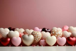 contento san valentino giorno striscione. rosa e oro cuori Foglio palloncini con i regali su rosa bokeh san valentino giorno sfondo. ai generativo foto