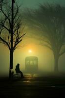 solitario rurale autobus fermare nel il mattina nebbia. ai generativo foto