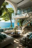 un opulento attico suite prospiciente il bianca sabbioso spiagge e turchese acque di un esclusivo tropicale isola ricorrere. ai generativo foto