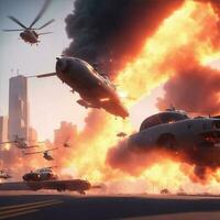 video gioco città con esplosione illustrazioni foto