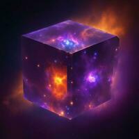un' tesseract galleggiante nel un' nebulosa nel esterno spazio foto