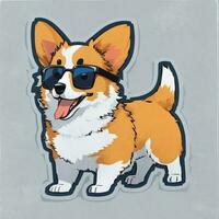 cartone animato etichetta di corgi cane con occhiali da sole, vettore illustrazione su un' bianca sfondo foto