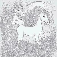 silhouette di carino cartone animato unicorno e fiori, circondato con vario cuori e stelle, bianca design sfondo, semplice Linee foto