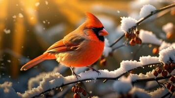 cardinale su un' nevoso ramo d'albero ai generato foto
