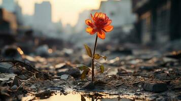 un' fiore nel il distrutto città ai generato foto