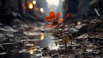 un' fiore nel il distrutto città ai generato foto