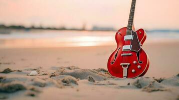 rosso chitarra su il spiaggia ai generato foto