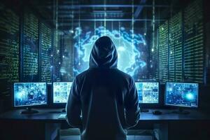 indietro di anonimo robot pirata. concetto di pirateria sicurezza informatica, crimine informatico, attacco informatico, eccetera. ai generativo foto