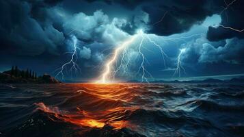 fulmine Impressionante su il mare ai generato foto