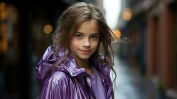 un' carino ragazza nel un' viola pioggia cappotto ai generato foto