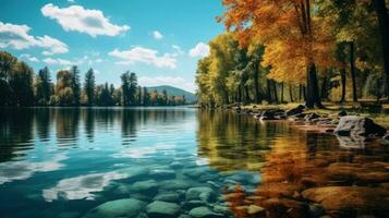 bellissimo lago con alberi e blu cielo ai generato foto