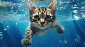 carino gatto nuoto subacqueo ai generato foto