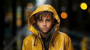 un' bello ragazzo nel un' giallo pioggia cappotto ai generato foto