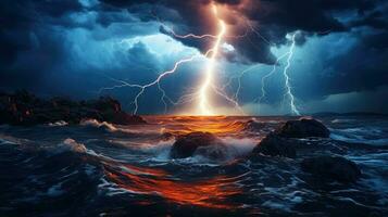 fulmine Impressionante su il mare ai generato foto