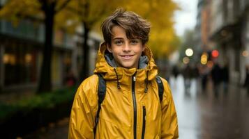 un' bello ragazzo nel un' giallo pioggia cappotto ai generato foto