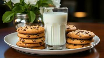 biscotti nel piatto e bicchiere di latte ai generato foto