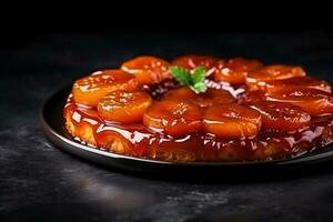 delizioso tarte tatin buio sfondo con vuoto spazio per testo foto