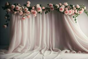 nozze arco decorato con rosa Rose e bianca tessuto su grigio sfondo. ai generato foto