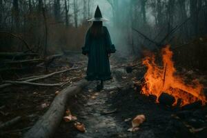 un' donne nel un' buio foresta creato utilizzando generativo ai foto
