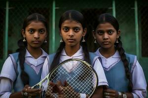 tre giovane femmina tennis Giocatori in posa con loro racchette foto