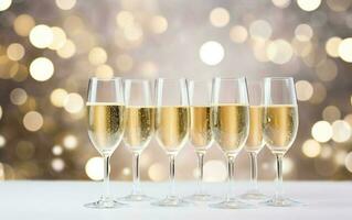 bicchieri di Champagne su tavolo su il oro festivo bokeh sfondo. molti bicchiere di bianca scintillante vino. buffet. celebrazione di compleanno, battesimo, nozze o aziendale festa. foto