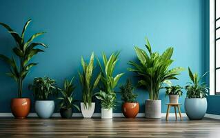 il interno in vaso impianti decorazione nel moderno camera con un' di legno pavimento e blu parete. foto