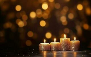 romantico d'oro candele su di legno tavolo con sfocato scintillante bokeh sfondo. Natale luci. copia spazio foto