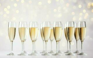 bicchieri di Champagne su tavolo su il bianca festivo bokeh sfondo. molti bicchiere di bianca scintillante vino. buffet. celebrazione di compleanno, battesimo, nozze o aziendale festa. copia spazio foto