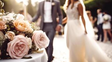 nozze cerimonia e celebrazione, sposa e sposo a un' bellissimo all'aperto sede su un' soleggiato giorno, lusso nozze arredamento con fiori e bridal mazzo, generativo ai foto