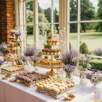 dolce buffet tavolo, cibo ristorazione per nozze, festa vacanza celebrazione, lavanda arredamento, torte e dolci nel un' nazione giardino, generativo ai foto